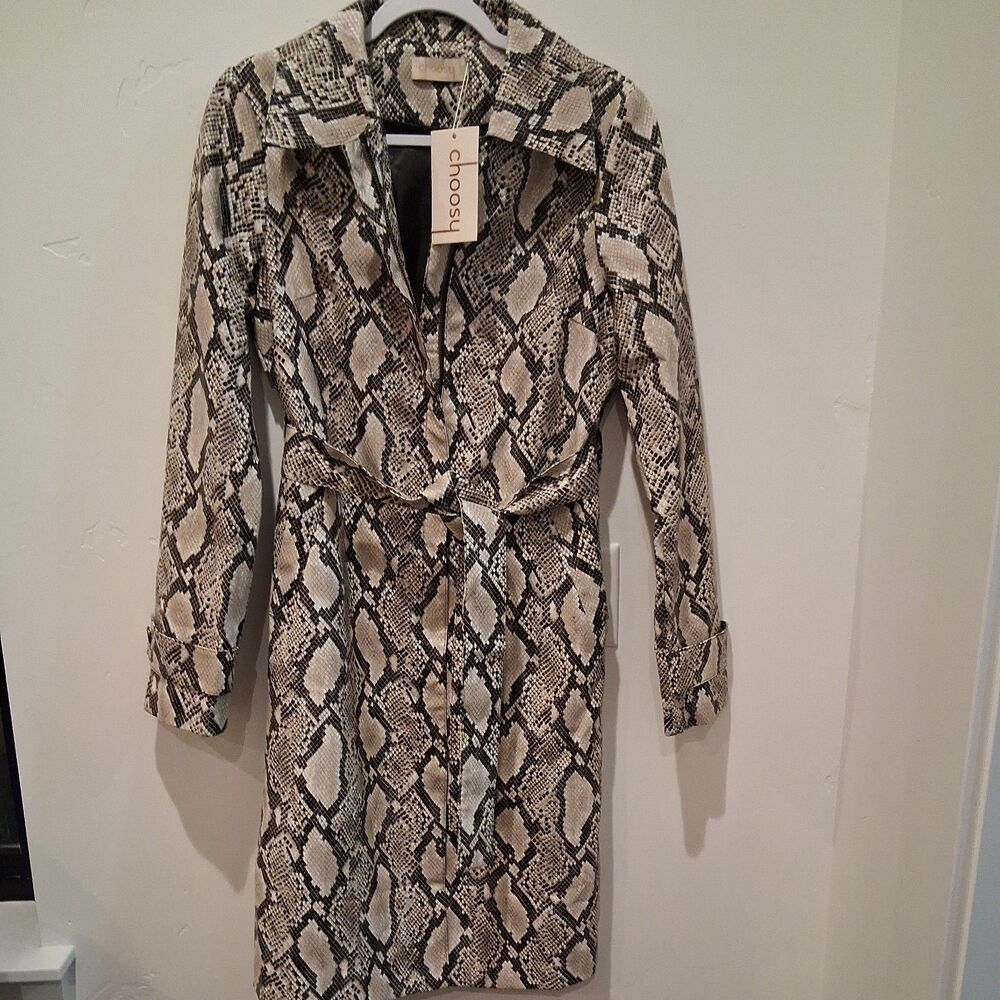 NEW Choosy Elizabeth Snakeskin Zip Trench Coat Raincoat Belt sz S Vegan Leather